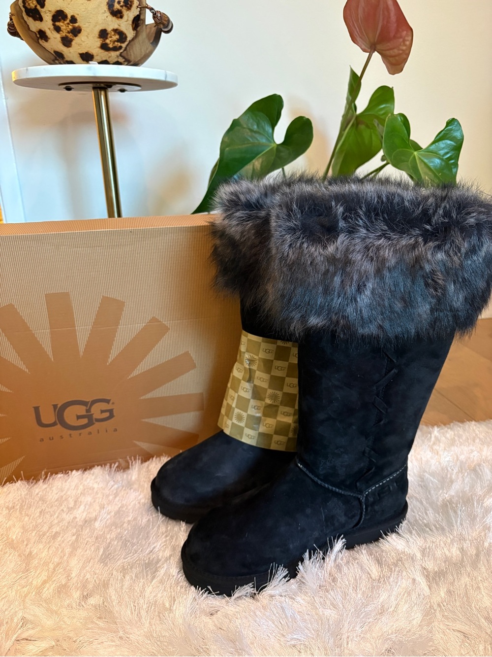 UGG Black Suede Tall Boots with Gray Fur Cuff